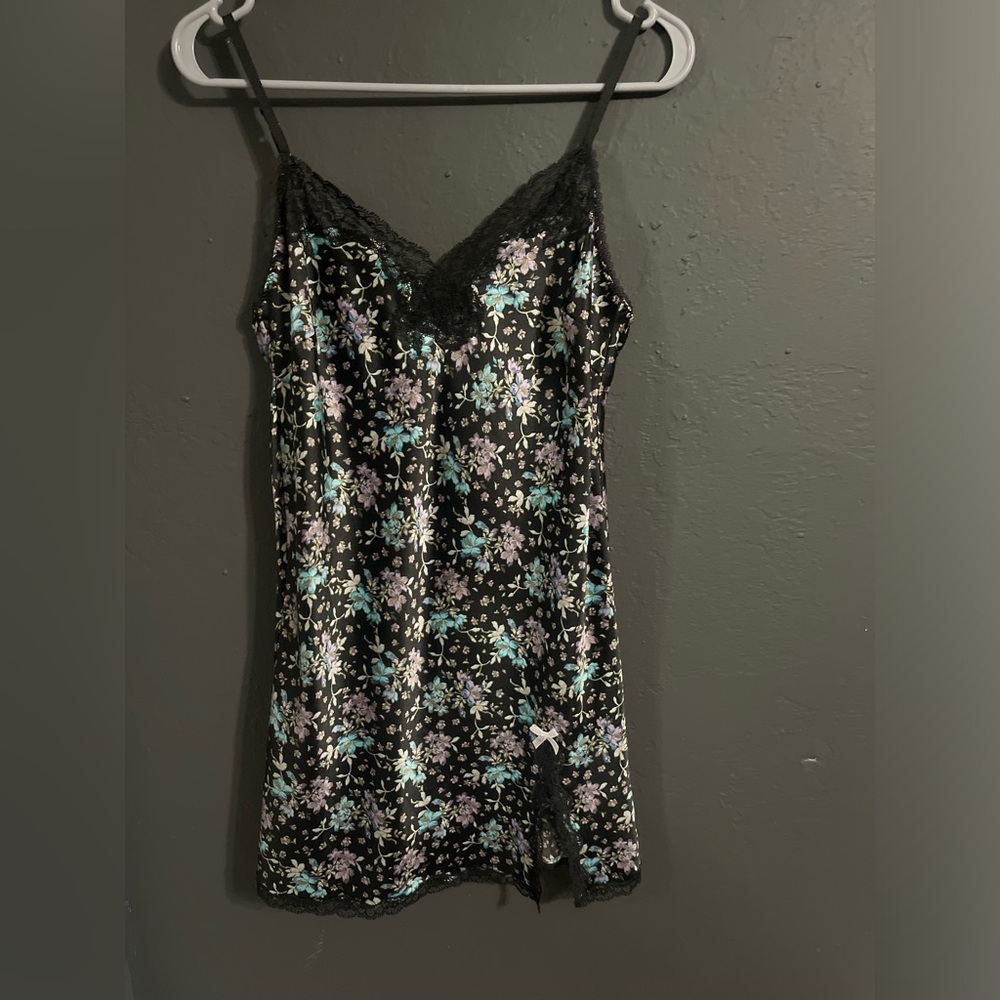 Victoria’s Secret Black Floral Satin Slip Dress with Lace Trim